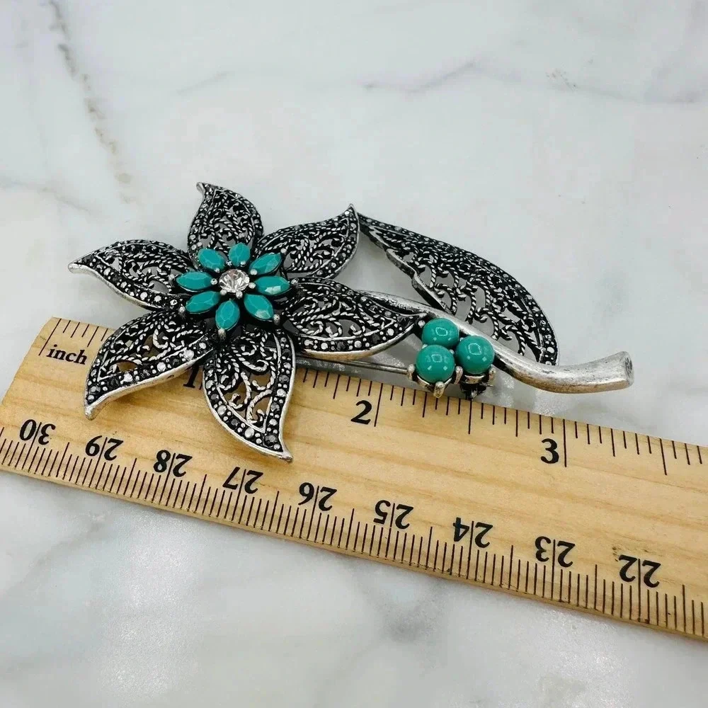 Big 3.25” Flower Brooch Pin Filigree Faux Turquoise Rhinestone Marcasite
